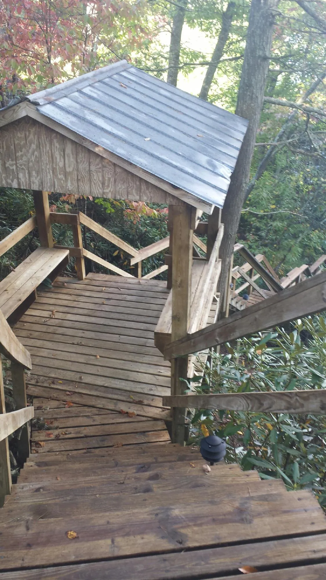 Metal roofed shelter over wooden steps on a wooded walkway — Skylight Repair & Installation work by our crew in Newmarket